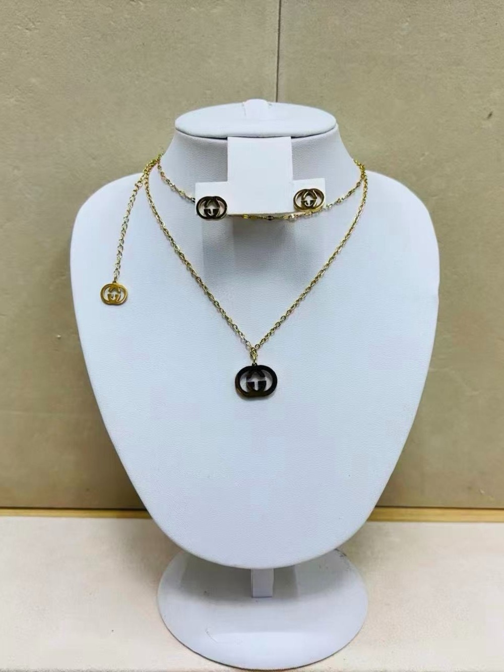Gold Tone Double-Layer Necklace and Stud Earrings Set - Gold